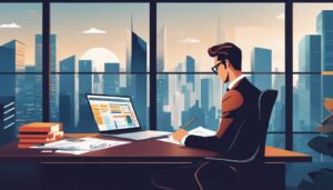 Een zakelijke professional werkt geconcentreerd bij een strak bureau met financiële documenten en een stadsgezicht op de muur.