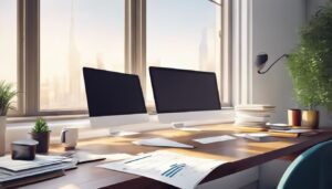 Een opgeruimd bureau met georganiseerde financiële documenten en een rustige werkruimte.
