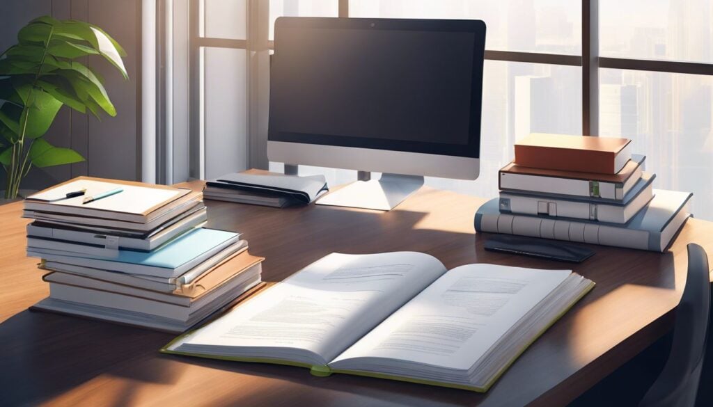 Een stapel keurig georganiseerde boekhoudkundige boeken op een schoon kantoorbureau.