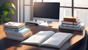 Een stapel keurig georganiseerde boekhoudkundige boeken op een schoon kantoorbureau.