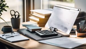 Een opgeruimde werkplek met boekhoudkundige boeken en financiële documenten.