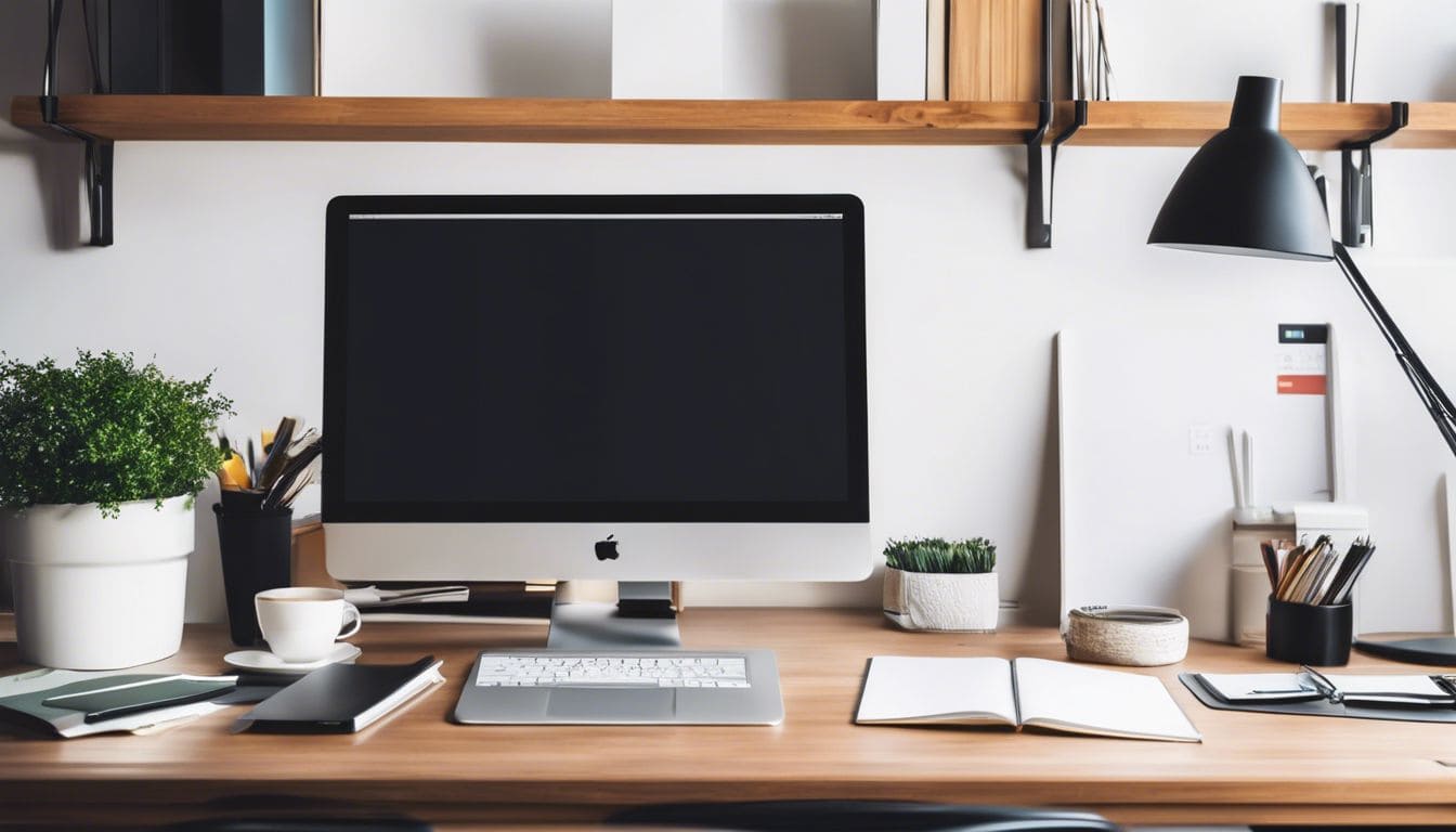 Een opgeruimd bureau met laptop, notitieboeken en financiële documenten.