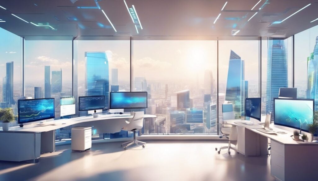 Moderne kantoorruimte met geavanceerde technologie en divers personeel.