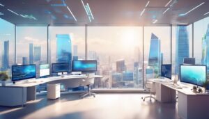 Moderne kantoorruimte met geavanceerde technologie en divers personeel.