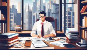 Een persoon werkt geconcentreerd aan een bureau omringd door boeken en documenten, met een stadsgezicht door het raam.