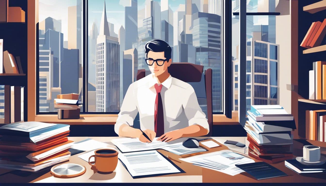 Een persoon werkt geconcentreerd aan een bureau omringd door boeken en documenten, met een stadsgezicht door het raam.