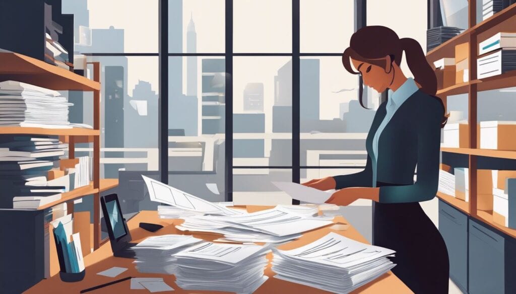 Een bedrijfseigenaar organiseert bonnen in een opgeruimd kantoor.