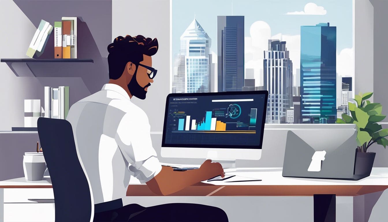 Een technologie-ondernemer gebruikt boekhoudsoftware in een modern kantoor met uitzicht op de stad. Een technologie-ondernemer gebruikt boekhoudsoftware in een modern kantoor met uitzicht op de stad.
