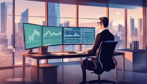 Een professionele accountant analyseert financiële gegevens in een modern kantoor.