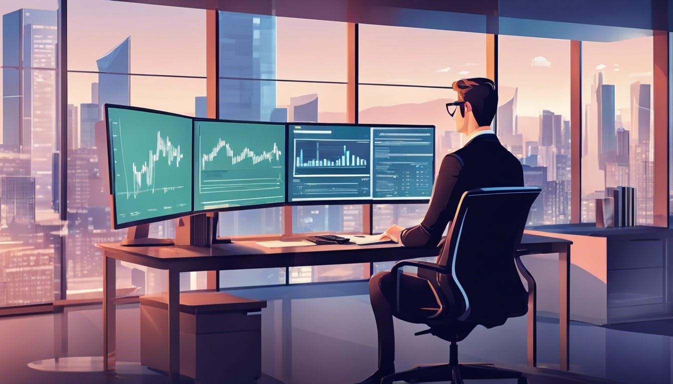 Een professionele accountant analyseert financiële gegevens in een modern kantoor.