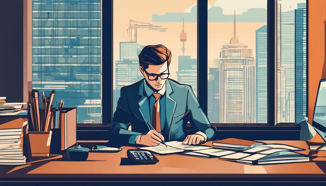 Een persoon werkt geconcentreerd aan een goed georganiseerd bureau met stadsgezicht op de achtergrond.