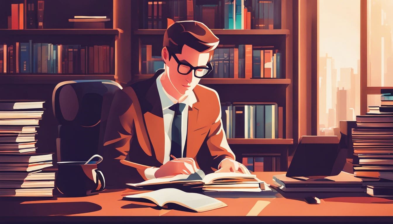 Persoon zit aan bureau met boekhoudboeken en rekenmachine, omgeven door stadsgezicht.