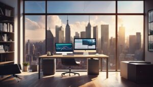 Een moderne kantoorbureau met computer en financiële documenten.