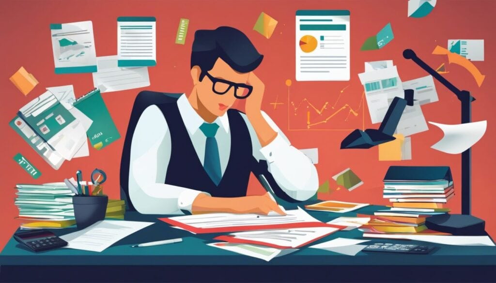 Een persoon organiseert en beoordeelt financiële documenten op een rommelig bureau.