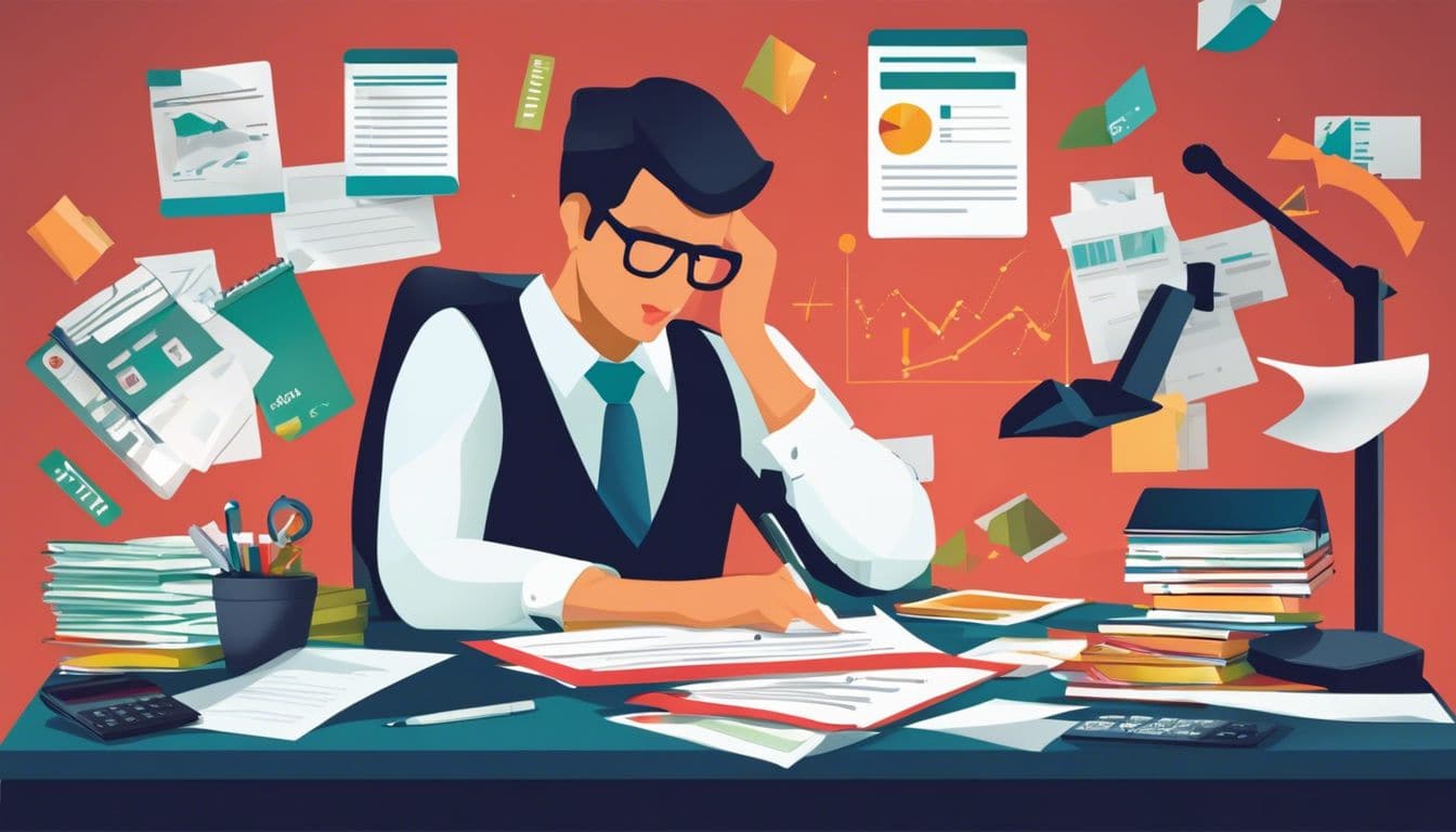 Een persoon organiseert en beoordeelt financiële documenten op een rommelig bureau.