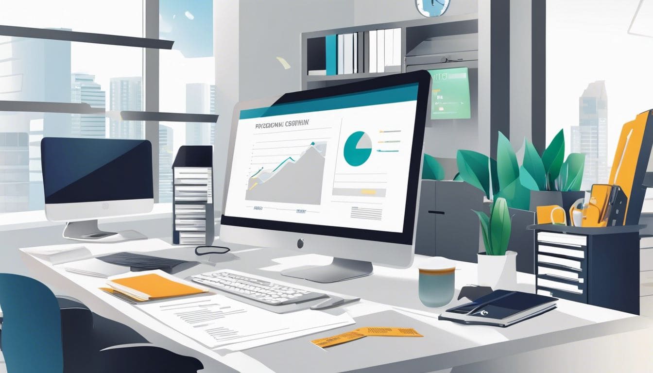 Een persoon organiseert financiële documenten op een net bureau in een goed verlicht kantoor, met moderne apparatuur en ergonomisch meubilair.