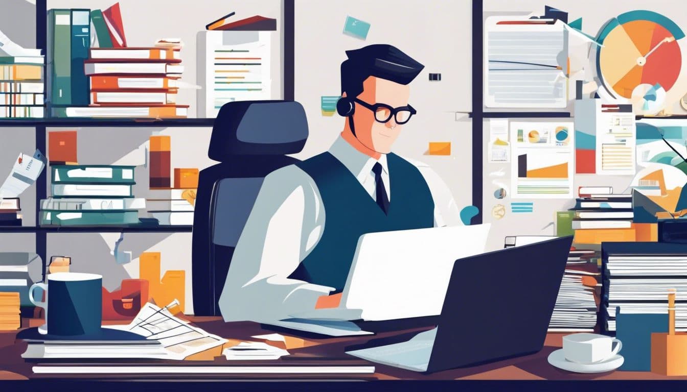 Een professionele accountant werkt aan een rommelig bureau met financiële documenten.