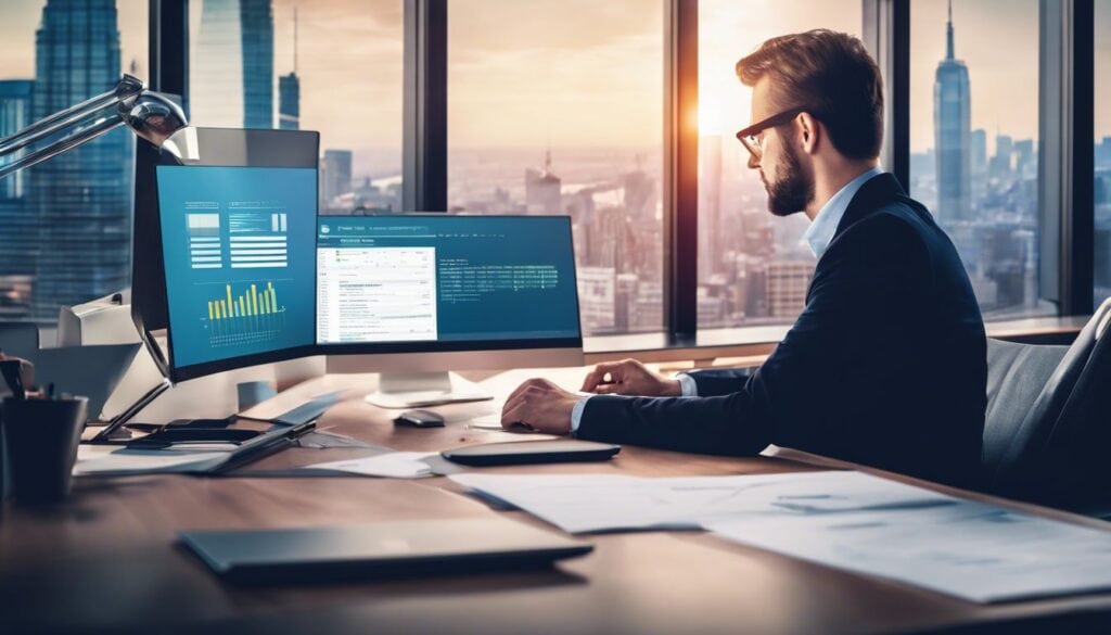 Een professionele accountant analyseert Jortt-software op kantoor.