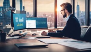 Een professionele accountant analyseert Jortt-software op kantoor.