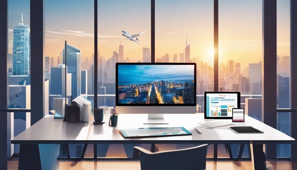 Een moderne kantoorwerkplek met computer en georganiseerde documenten, stadsgezicht op de achtergrond.