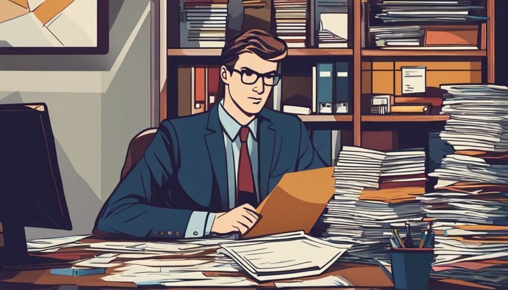Een persoon organiseert financiële documenten op een rommelig bureau met een vastberaden uitdrukking.