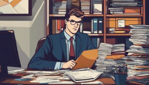 Een persoon organiseert financiële documenten op een rommelig bureau met een vastberaden uitdrukking.