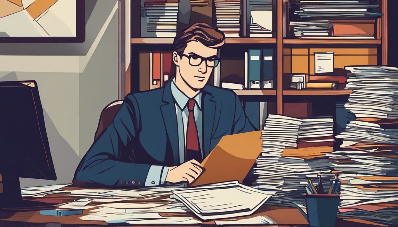 Een persoon organiseert financiële documenten op een rommelig bureau met een vastberaden uitdrukking.