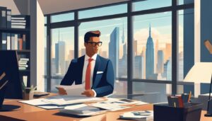 Een zakenman bekijkt financiële documenten in een modern kantoor met stadsgezicht.