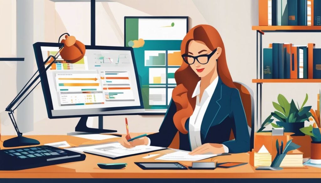 Een boekhouder gebruikt boekhoudsoftware voor activa afschrijving in een uitnodigende kantooromgeving.