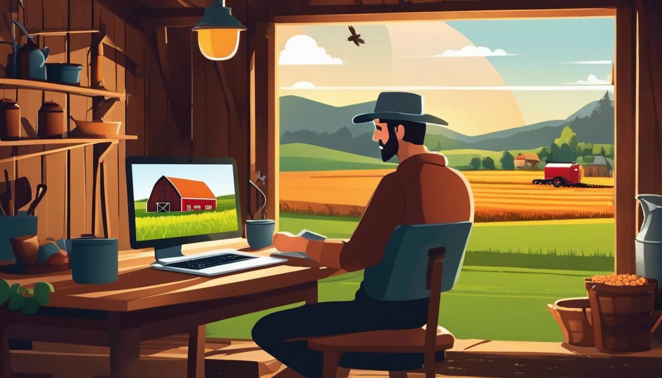 Een boer gebruikt Mifas Online in een landelijke schuur.