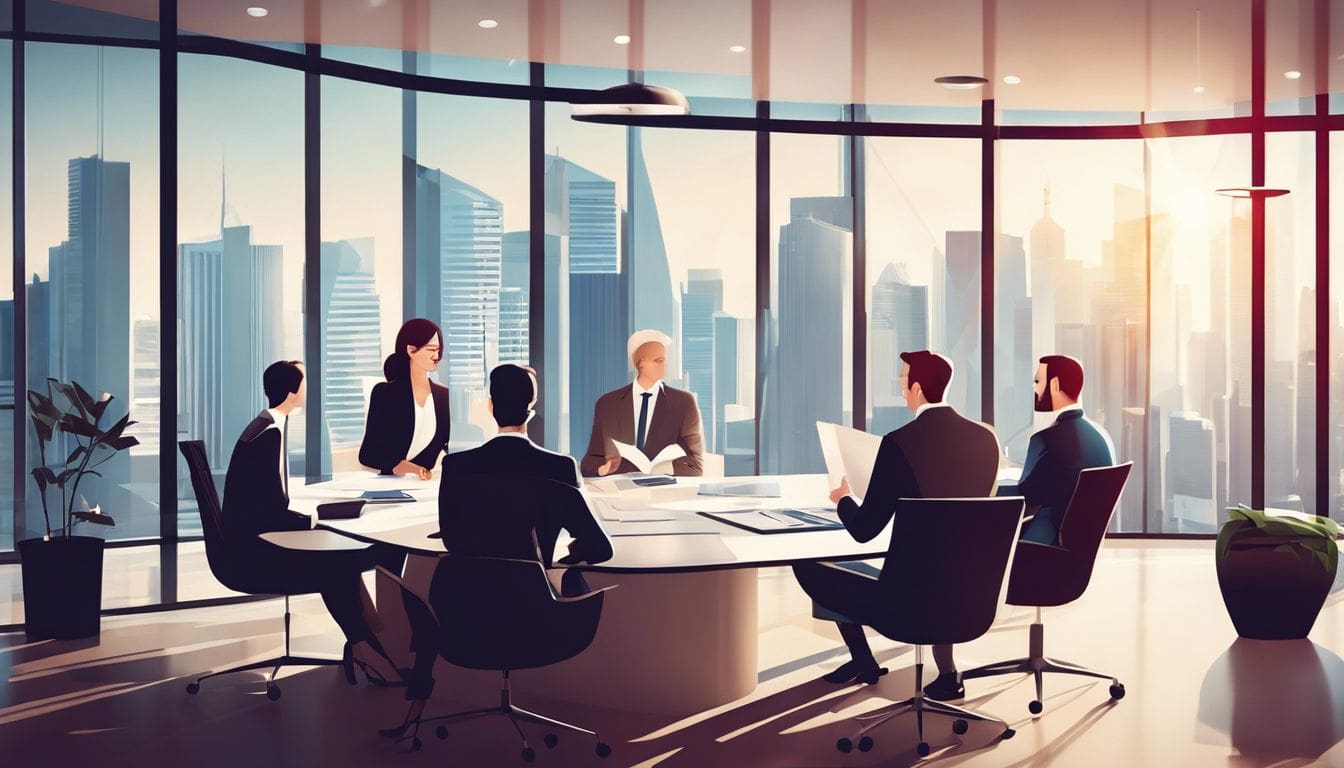 Een groep mensen bespreekt financiële documenten in een modern kantoor.