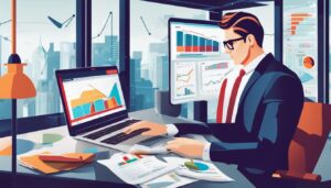 Een zakenman vergelijkt boekhoudsoftware op een laptop in een modern kantoor.