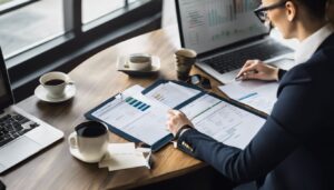 Een zakelijke eigenaar organiseert zelfverzekerd financiële gegevens op een net bureau.