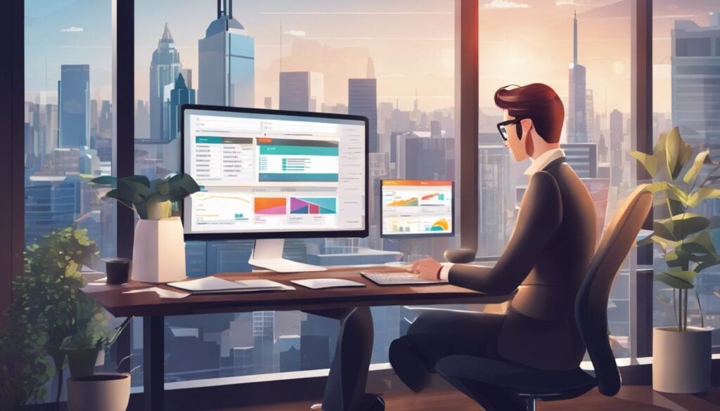 Een ondernemer vergelijkt boekhoudsoftwareopties in een modern kantoor.