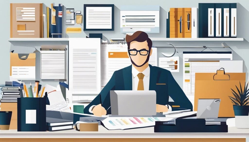 Een persoon gebruikt een boekhoudprogramma voor een bijbaan, omringd door kantoorbenodigdheden.