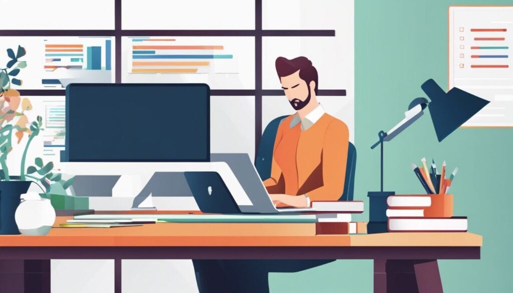 Een zakelijke eigenaar vergelijkt boekhoudsoftware op een schone en georganiseerde bureau.