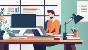 Een zakelijke eigenaar vergelijkt boekhoudsoftware op een schone en georganiseerde bureau.