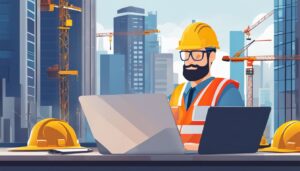Een bouwvakker gebruikt gespecialiseerde boekhoudsoftware op een bouwterrein.