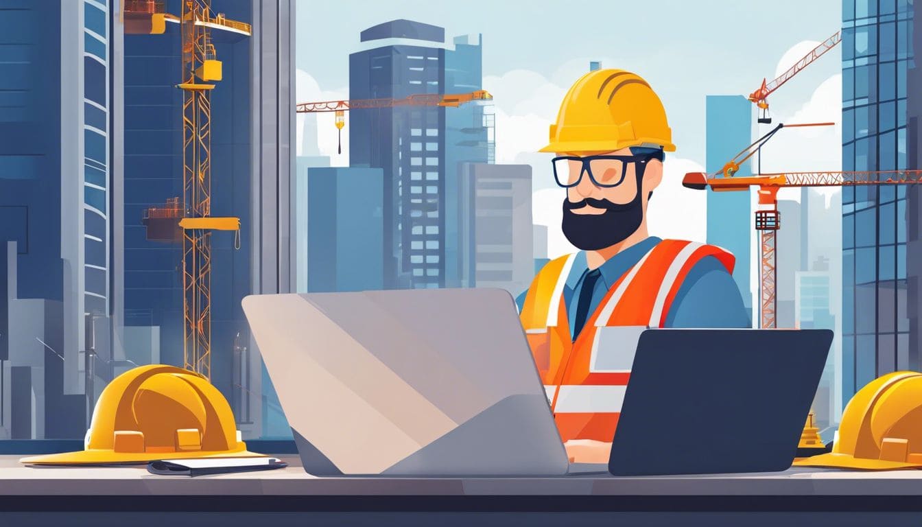 Een bouwvakker gebruikt gespecialiseerde boekhoudsoftware op een bouwterrein.