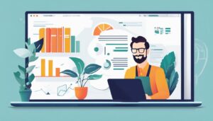 Een kleine ondernemer werkt aan zijn laptop met de Brilliant Account software in een kantooromgeving, gericht op portretfotografie.