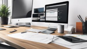 Een modern kantoorbureau met computer, rekenmachine en georganiseerde financiële documenten.