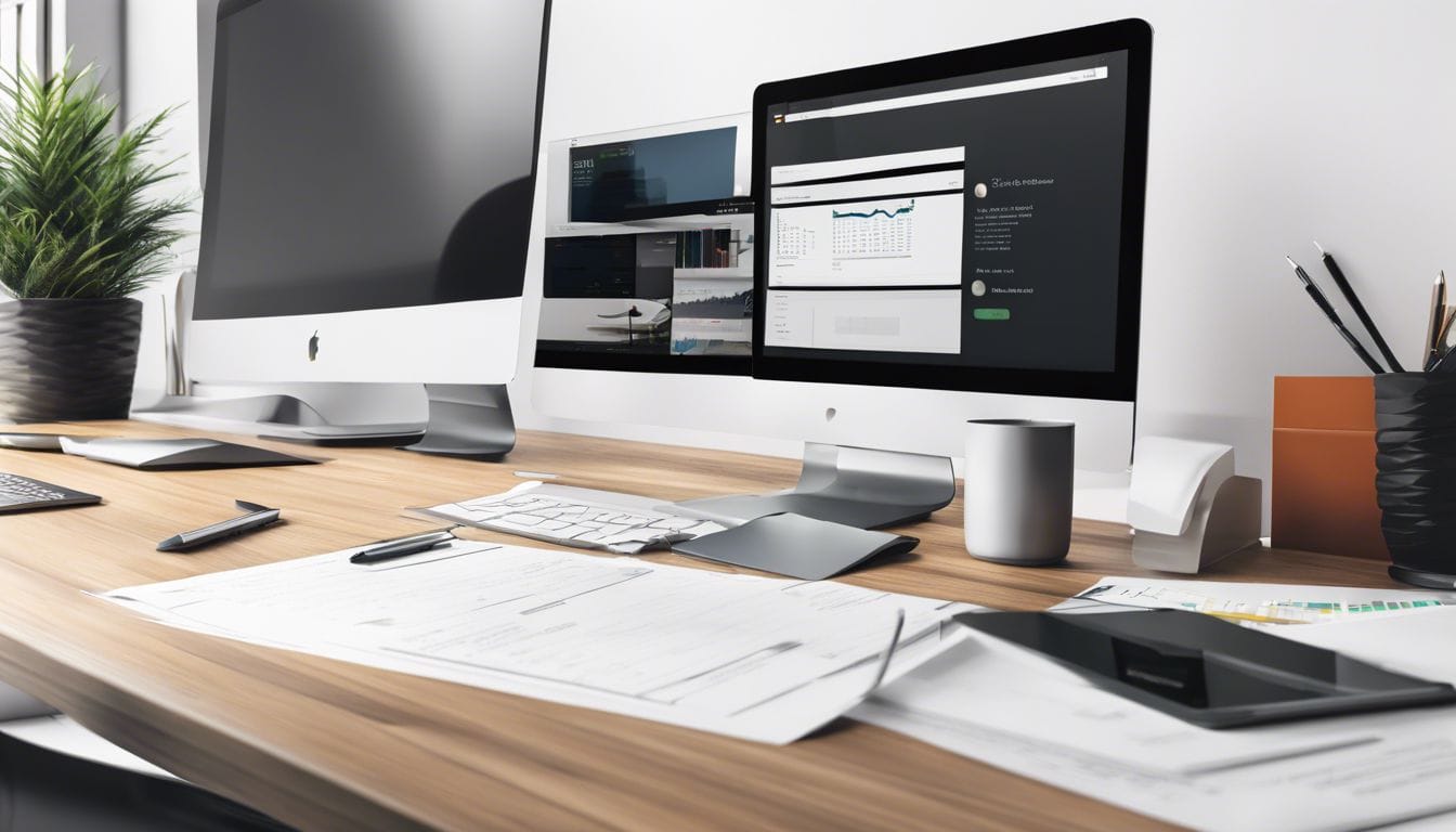 Een modern kantoorbureau met computer, rekenmachine en georganiseerde financiële documenten.