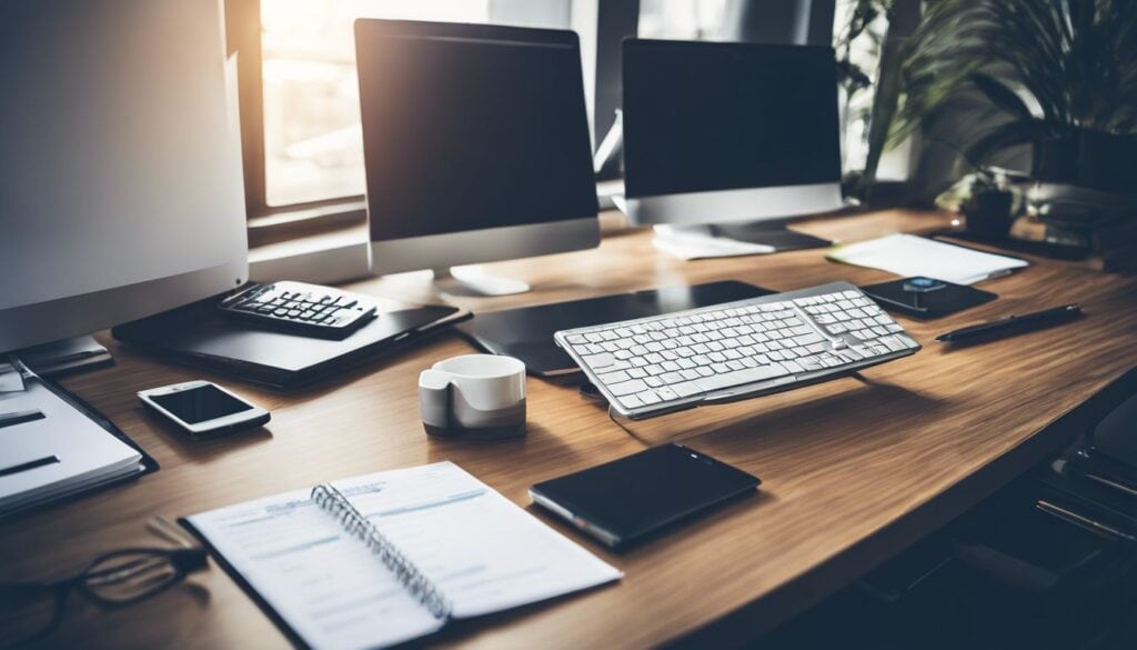 Een goed georganiseerd kantoor met moderne en traditionele elementen.