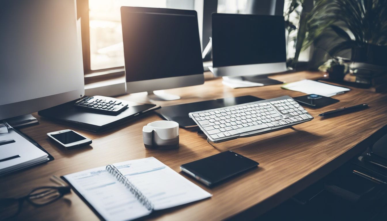 Een goed georganiseerd kantoor met moderne en traditionele elementen.