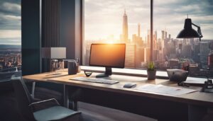 Een strak en modern kantoorbureausetup met computer en stadsfotografie.