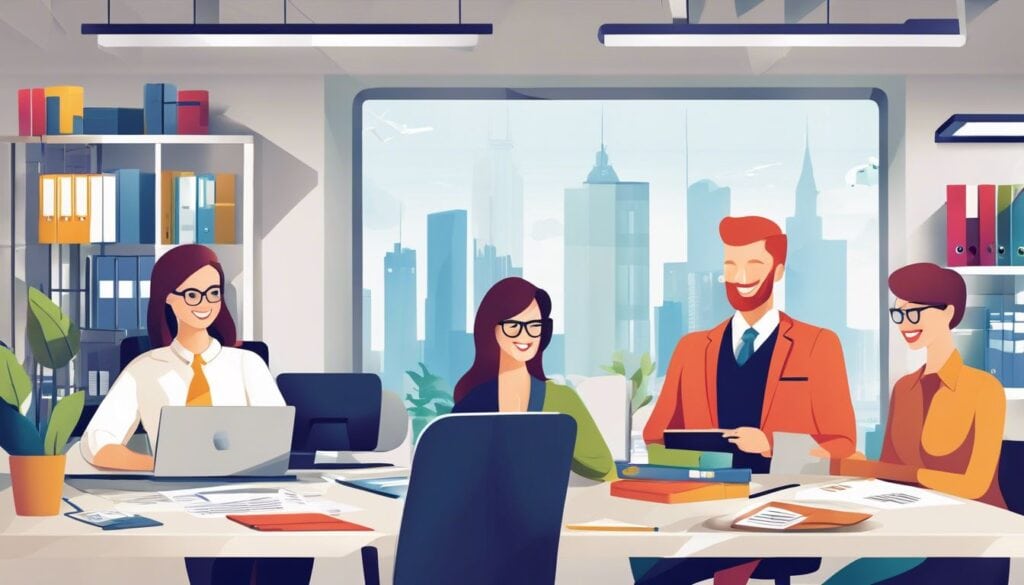 Een diverse groep vrijwilligers werkt samen aan financiële administratie in een modern kantoor.