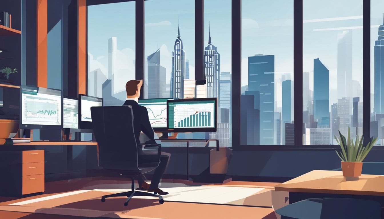 Een accountant analyseert financiële gegevens op een computer in een modern kantoor.