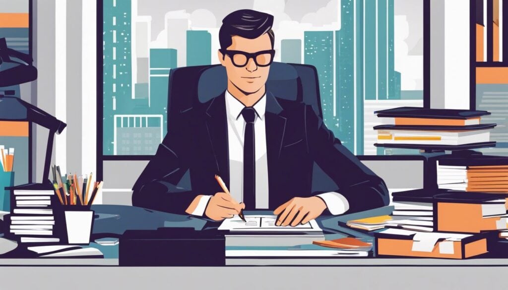 Een professionele accountant omringd door kantoorbenodigdheden en moderne software in een vlak ontwerp.