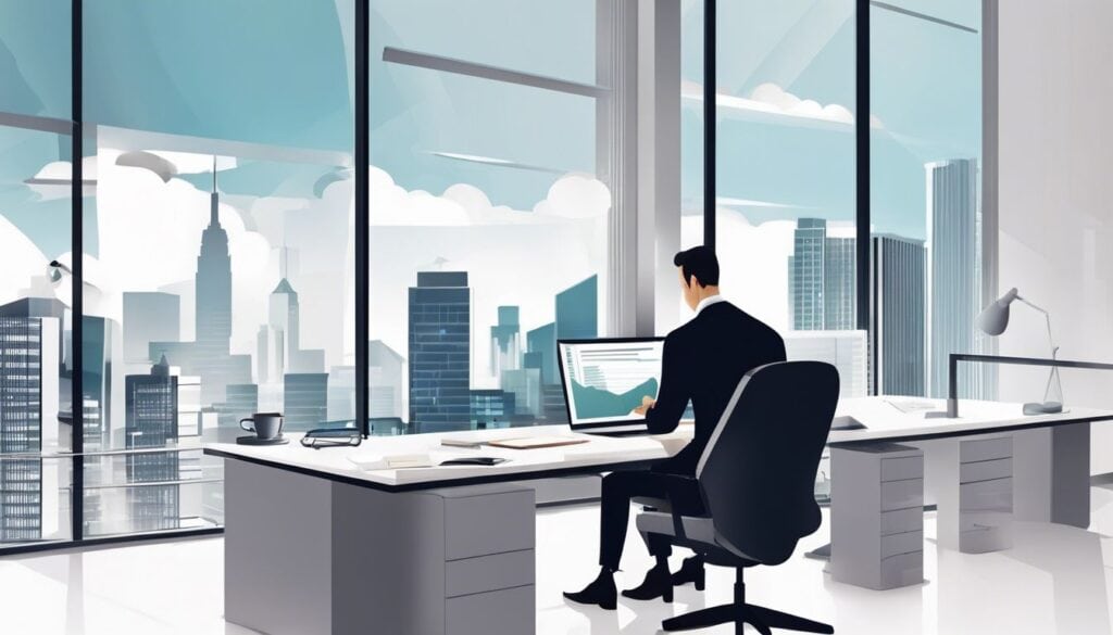 Een zakelijke eigenaar werkt aan financiën in een moderne kantooromgeving met stadsgezicht.