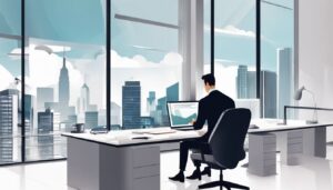 Een zakelijke eigenaar werkt aan financiën in een moderne kantooromgeving met stadsgezicht.